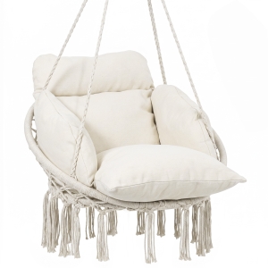 Outsunny Poltrona Sospesa in Stile Boho con Cuscino, in Acciaio, Cotone e Poliestere, 80x60x40 cm, Bianco Crema