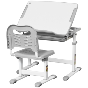 HOMCOM Birou de școală pentru copii de 6-12 ani cu scaun reglabil pe înălțime, blat înclinabil, 66x47x52-77 cm, Gri