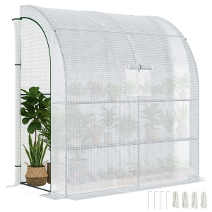 Outsunny Walk-In Lean to Wall Greenhouse with Windows and Doors, Outdoor Green House with 3 Tiers 4 Wired Shelves, 200L x 100W x 215Hcm, White