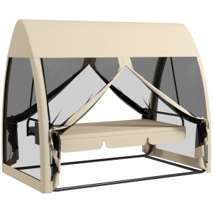Outsunny 3-Sitzer-Terrassen-Schaukel, Veranda-Schaukel mit Bettfunktion, Hollywoodschaukel mit Mückennetz und Stahlrahmen, Kaffee