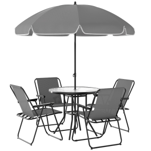 Outsunny Set da Giardino 6 Pezzi in Acciaio con 4 Sedie Pieghevoli, Ombrellone e Tavolo Rotondo, Grigio e Nero