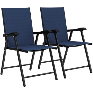 Outsunny Folding Garden Chairs Set of 2, Foldable Garden Dining Chairs with High Back, Armrests, Texteline Seat, Navy Blue