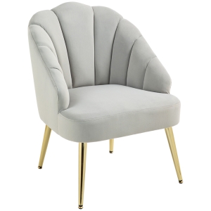 HOMCOM Poltrona in Velluto da Camera e Salotto a Conchiglia Stile Art Deco, Acciaio, 63x65x84 cm, Grigio