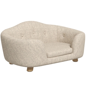 PawHut Haustiersofa Hundematte Hundebett Hundesofa Hundecouch Katzen Sofa mit Kissen Rückentasche Plüsch Schaumstoff Kiefernholz Cremeweiß 70 x 47 x 30 cm