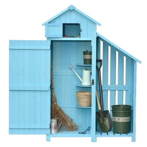 Outsunny Armoire abri de Jardin Remise pour Outils 3 étagères 2 Portes loquets + Range-bûches Toit Pente bitumé Bois Sapin traité Bleu
