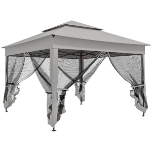 Outsunny Tenda Dobrável Exterior 325x325x270 cm Tenda de Jardim com Teto Duplo Rede Mosquiteira Amovível e Bolsa de Transporte Cinzento