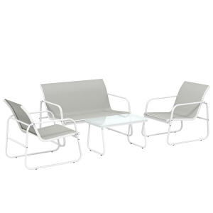 Outsunny Conjunto de Jardim Exterior de 4 Peças com Sofá de 2 Lugares, 2 Poltronas e Mesa de Vidro Temperado, Tecido Textilene Cinzento Claro