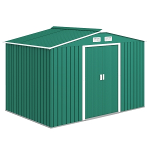 Outsunny Cobertizo de Jardín 4,9 m² 277x195x192 cm con 2 Puertas Corredizas Base Refuerzo (Suelo NO Incluido) Verde Oscuro