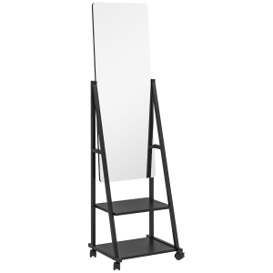 HOMCOM Free Standing Dressing Mirror, Rolling Full Length Mirror on Wheels with Adjustable Angle, Storage Shelves for Bedroom