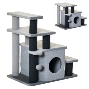 PawHut Adjustable Cat Steps, with House & Hanging Toy Ball - Grey
