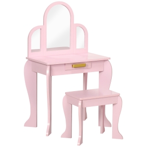 HOMCOM Tocador para Niños con Espejo y Taburete Tocador Infantil Tocador de Maquillaje para Niña de 3 a 6 Años con Cajón Rosa