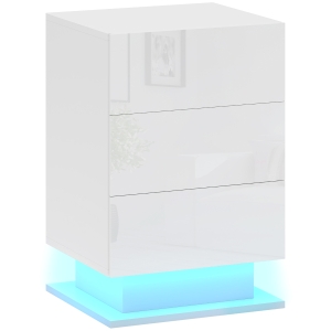 HOMCOM Noptieră Modernă cu Lumină LED Reglabilă, Telecomandă și 3 Sertare, 40x35x60 cm, Alb Lucios
