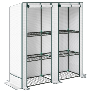 Outsunny Serra da Giardino con 2 Porte Avvolgibili, Scaffale a 3 Ripiani e Tasche Laterali, Bianco e Verde