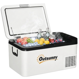 Outsunny Nevera Portátil Eléctrica 18L 12/24V hasta -20℃ Nevera y Congelador de Compresor para Coche con Doble Zona Luz LED Asas Plegables Bajo Consumo Energético para Camping 58,5x33,5x29,2 cm Blanco