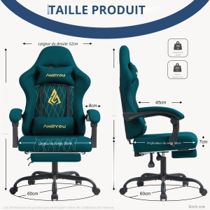 Chaise gaming avec repose-pieds, coussin doux pour la nuque et les lombaires, coussins de soutien amovibles, 60x60x122 cm, Bleu marine