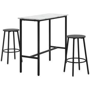HOMCOM Barset voor 2 personen, 1 tafel met 2 barkrukken, wit marmeren blad, stalen frame
