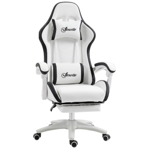 Vinsetto Computer Gaming Chair, PU Leather Desk Chair with Footrest, Swivel Task Chair with 135° Reclining Back and Lumbar Support, PC Chair for Adults, White and Black