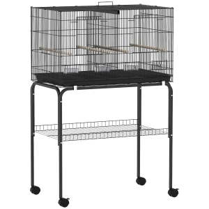 PawHut Vogelkooi/Vogelvolière met Wielen, 2 Deuren, 4 Zitstokken, Opbergplank, Metaal, 76 x 46 x 116 cm, Zwart