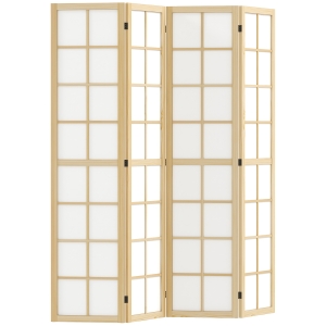 HOMCOM Paravento da Interno a 4 Pannelli Pieghevole in Legno e Tessuto, 160x170 cm, Colore Legno e Bianco