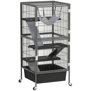 PawHut Gabbia per Piccoli Animali a 4 Livelli con Rampe, Piattaforme, Amaca e Ruote, 52x52x115 cm, Grigio