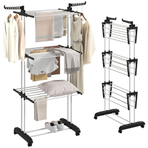 HOMCOM Tendedero de Ropa Plegable con Ruedas 3 Niveles con Alas Plegables y Colgadores 73x64x172 cm Negro y Blanco