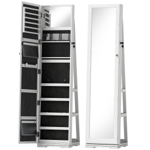 HOMCOM Espejo Joyero Giratorio 360° Organizador de Joyas con Cerradura y Espejo Pequeño Incorporado 38x38x160 cm Blanco Veteado