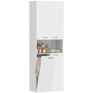 HOMCOM 174 cm hoge badkamerkast met uitklapbare wasmand en soft-close deuren, wit
