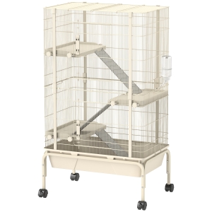 PawHut Cage pour lapin enclos à 4 niveaux avec 2 portes 3 rampes plateau profond roulettes 69 x 44 x 120 cm beige