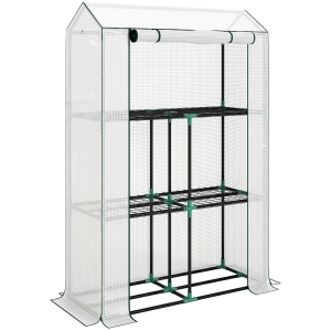 Outsunny Kas met 3-laags Schap, UV-bestendige Plastic Afdekking, Roldeur, 100 x 40 x 150 cm, Wit