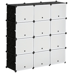 HOMCOM Armario Modular de Plástico Armario Portátil con 12 Cubos Organizador de Zapatos 125x32x125 cm Negro y Blanco
