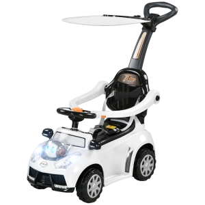 AIYAPLAY 2-in-1 Loopauto, Afneembaar Zonnedak, Lichtjes, Muziek, Toeter, Kunststof en Metaal, 96 x 39 x 90 cm, Wit/Zwart