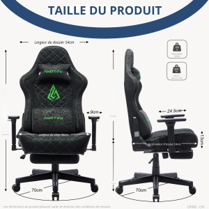 Chaise gaming ergonomique, entièrement rembourrée, respirante, anti-plis et durable, 70x70x131 cm, Noir