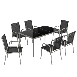 Outsunny Set da Esterno 7pz con 6 Sedie Impilabili in Texteline e Tavolino da Caffè con Piano in Vetro, Nero e Argento