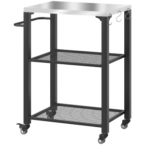 Outsunny Three-Shelf Outdoor Grill Cart with Stainless Steel Top, Outdoor Kitchen Island with 4 Wheels, 3 Hooks, Movable Food Prep Barbecue Pizza Oven Table for Kitchen, Garden, 65.5 x 41 x 79 cm