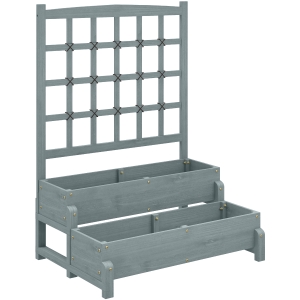 Outsunny 2-Tier Raised Garden Bed with Trellis, Wooden Elevated Planter Box with Drainage Holes, Outdoor Raised Planter for Climbing Plants, Fruits, Vegetables, Flowers, Grey