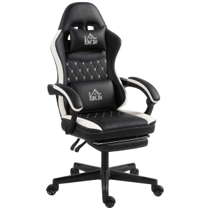 HOMCOM Gaming-Stoel met Voetensteun, Computerstoel met Hoofdkussen & Kussen, Kunstleer Bekleding, Draaibaar, Hoogte Verstelbaar, Metaal, Kunststof, Zwart+Wit