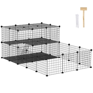 PawHut Parc enclos modulable DIY, 2 niveaux, enclos pour petits animaux, hamsters, lapins, cochon d'inde, panneaux grillagés, 45 panneaux, 175 x 105 x 70 cm, noir