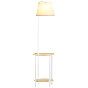 HOMCOM Lampadaire sur pied avec abat-jour en tissu 2 étagères rondes en bois interrupteur au pied hauteur 162 cm blanc