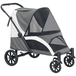 PawHut Hondenwagen, opvouwbare hondenbuggy voor middelgrote honden, dierenwagen met 4 wielen, veiligheidslijnen, remmen, donkergrijs