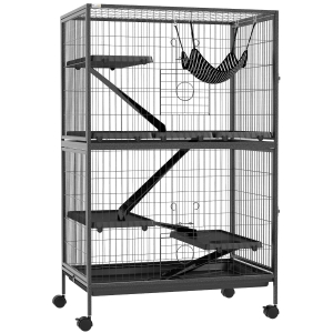 PawHut Gaiola para Roedores 80x52x128 cm Casa de 4 Alturas com Rampas Suspensa Rede Bandeja Removível Rodas Cinza Escuro