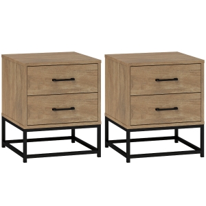 HOMCOM Set di 2 Comodini con 2 Cassetti Stile Industriale in Legno e Acciaio, Colore Legno