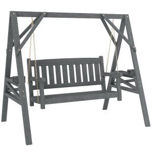 Outsunny 2-persoons tuinschommel, houten schommelbank met planken, bekerhouders en metalen kettingen, grijs