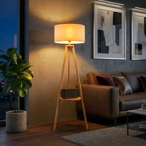 HOMCOM Lampada da Terra con Ripiano Intermedio Paralume in Lino Interruttore a Pedale Risparmio Energetico Altezza 154cm, Legno, 50x50x154 cm