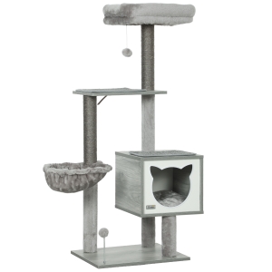 PawHut Arranhador para Gatos com Plataforma Rede Caverna Cama Postes de Sisal e Bolas de Brincar 48x40x126 cm Cinza