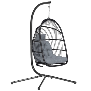 Outsunny Cadeira Suspensa Tipo Ovo com Estrutura, Cesta Dobrável Almofada e Apoio de Cabeça para Interior e Exterior Suporta 150 kg Cinzento
