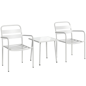Outsunny Conjunto de Jardín Exterior de 3 Piezas de Acero Galvanizado con 2 Sillas y Mesa de Vidrio Templado Blanco