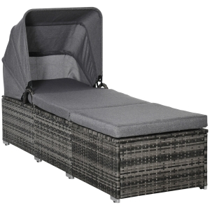 Outsunny Sonnenliege aus Polyrattan mit Sonnendach Gartenliege verstellbar Rattanliege Gartenmöbel Liege mit Kissen Grau 195 x 65 x 40 cm