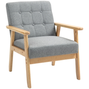 HOMCOM Poltrona Sala de Estar Estofada em Linho com Apoio para os Braços e Estrutura de Madeira de Borracha 64x75x76 cm Cinza Claro