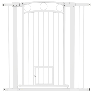 PawHut 106 cm Hoog Huisdierhek met Verstelbare Breedte en Geïntegreerde Kattendeur, voor Trappen en Deurkozijnen, Wit