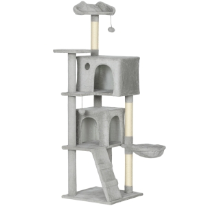 PawHut Arranhador para Gatos com Múltiplas Plataformas Cama 2 Cavernas Rede Escada Postes de Sisal 48x48x160 cm Cinzento Claro